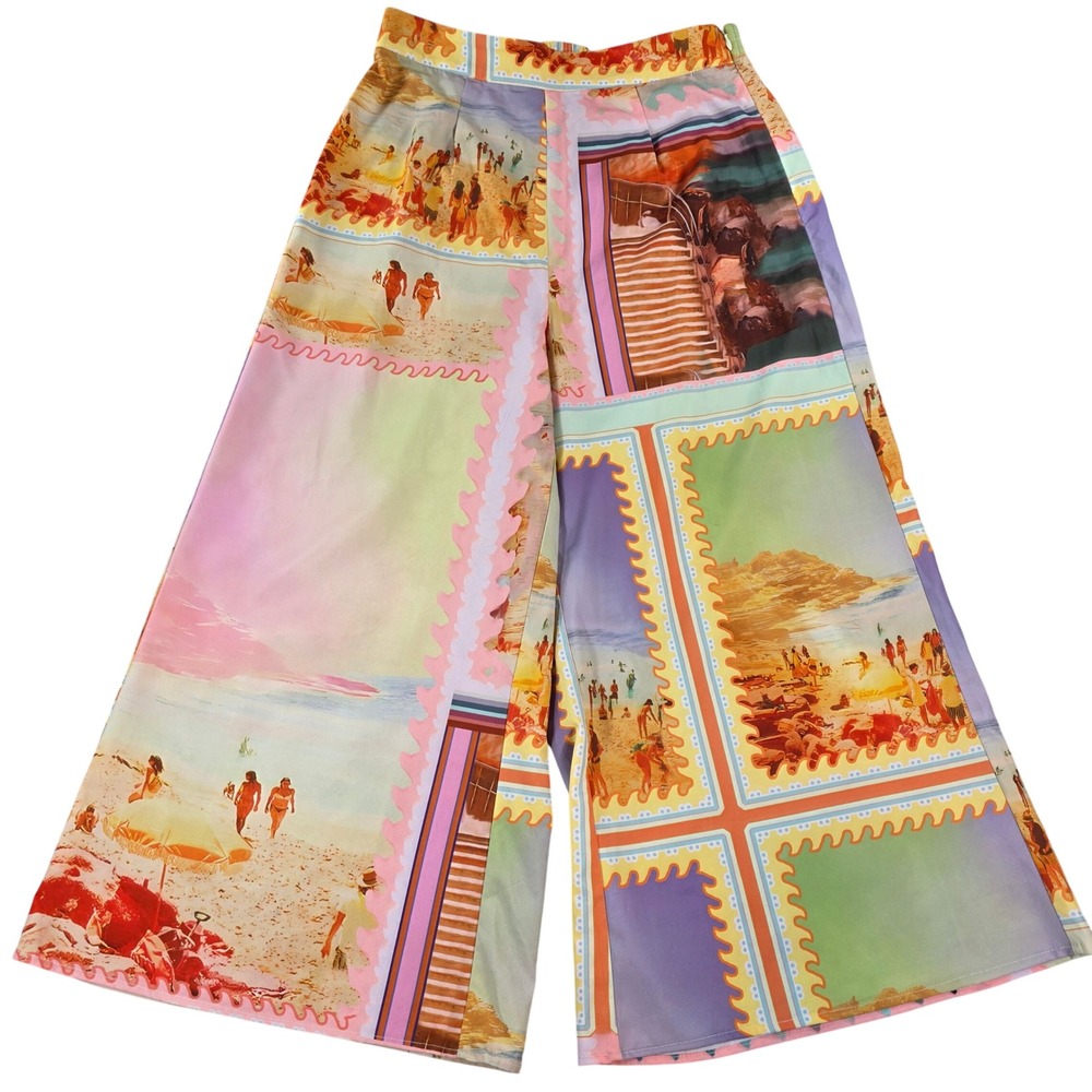 Bacio Beach Postcard Stamp Print Wide Leg Palazzo Pants Multi Small Womens Retro